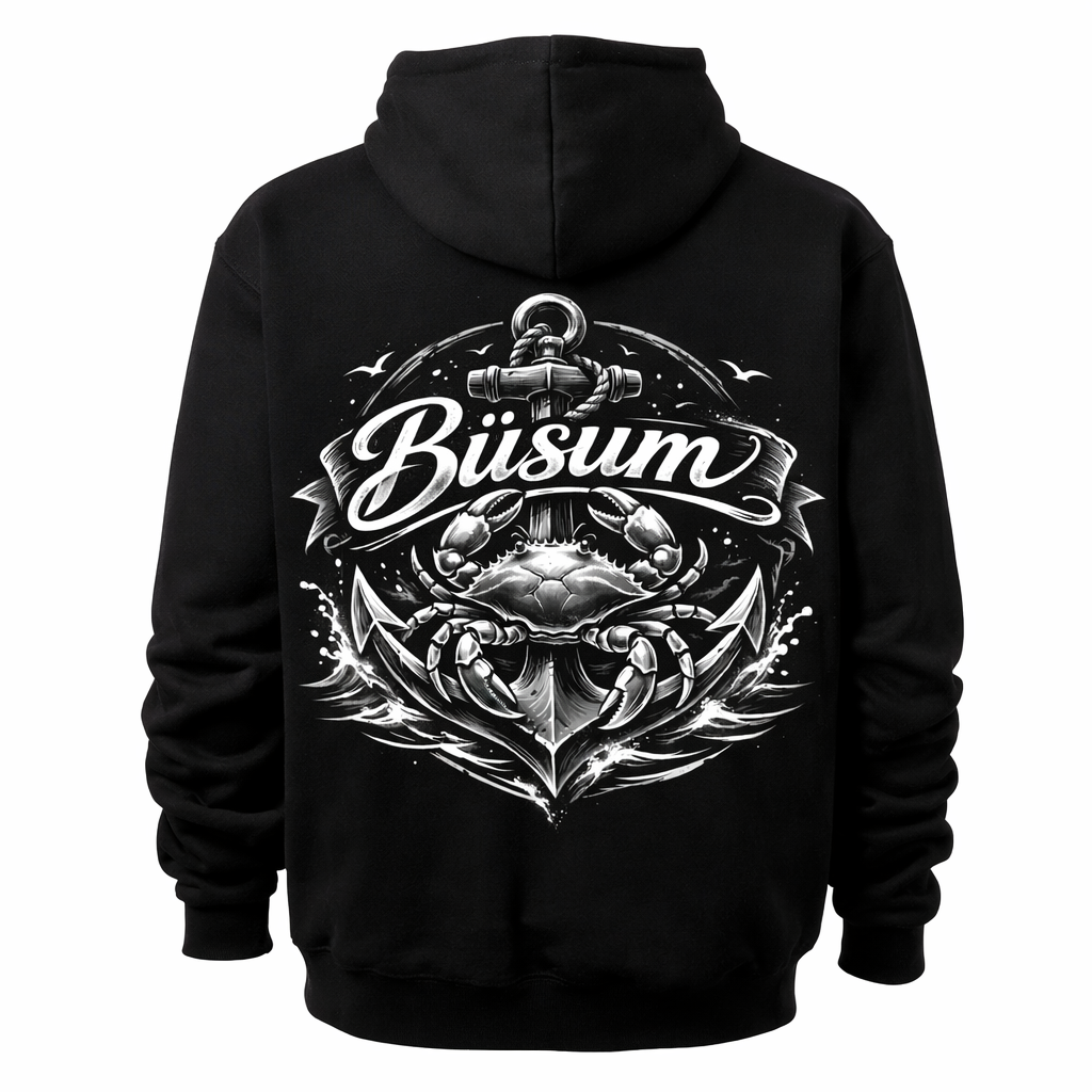 Schwarzer Hoodie mit Büsum Anker auf den Rücken in schwarz