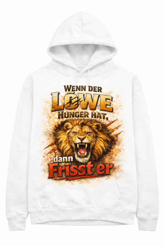 Hoodie Schwarz oder Weiß Design Hunger Löwe vorne