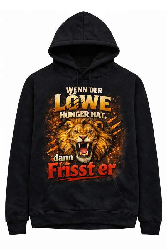 Hoodie Schwarz oder Weiß Design Hunger Löwe vorne