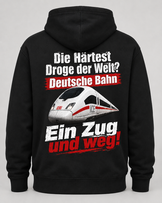 Hoodie schwarz mit dem Design Zug und weg